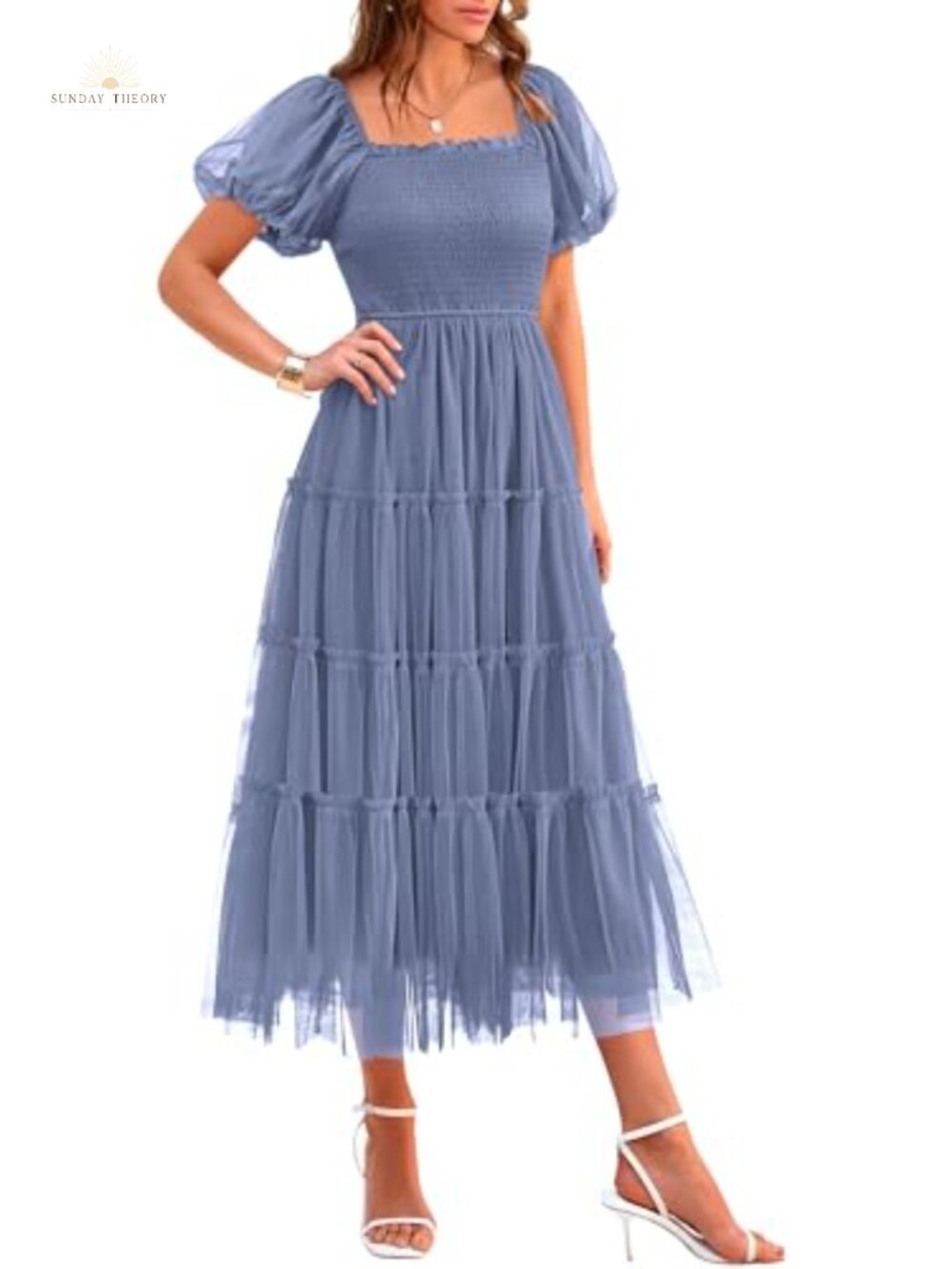 Women's Smocked Midi Tulle Dress with Puff Sleeves, Tiered Ruffle, Square Neck,